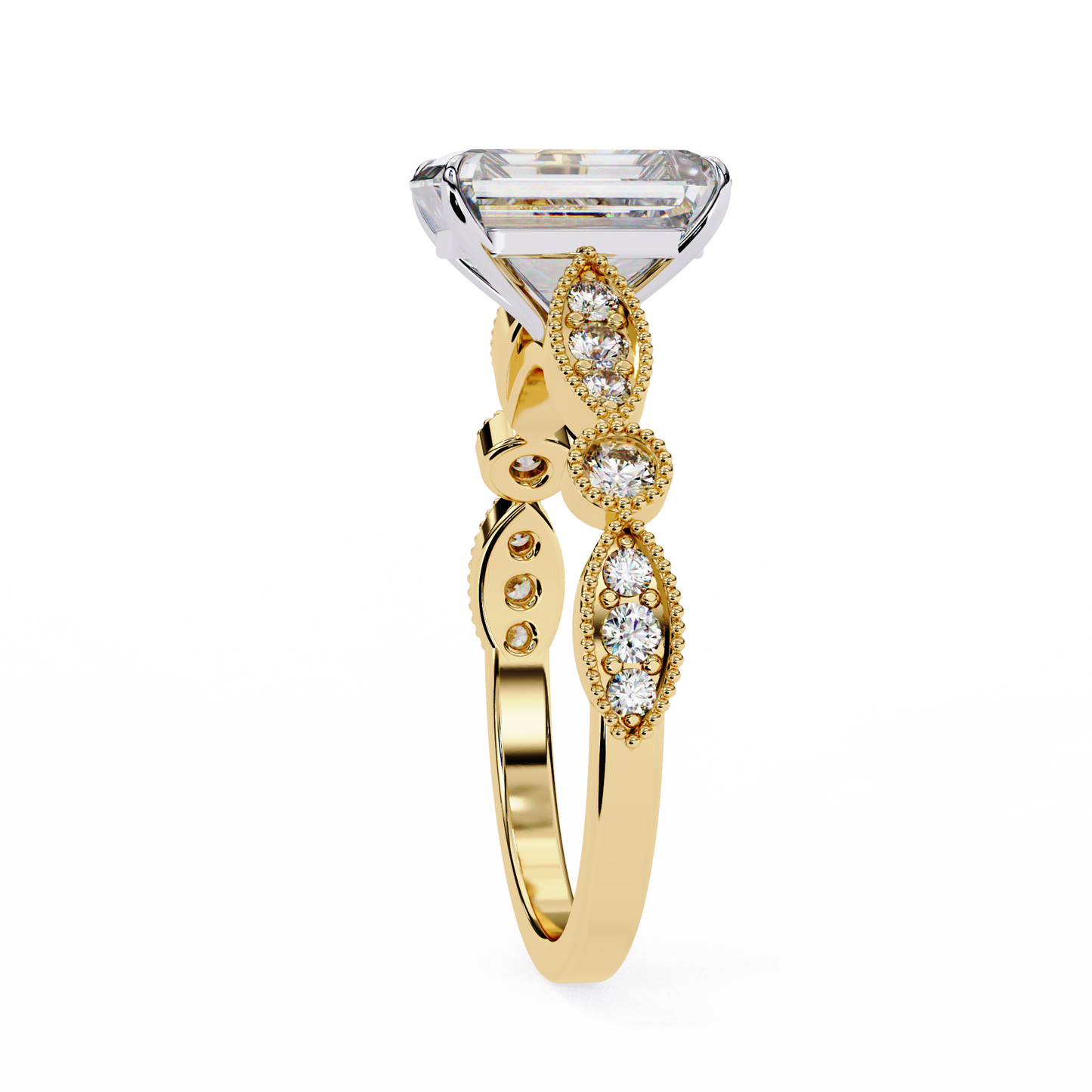 2.94 Carat Radiant Cut Lab Grown Diamond Ring – Elegant Engagement Ring with Milgrain Marquise and Round Shaped Band- Lustraa’s Milgrain Ring