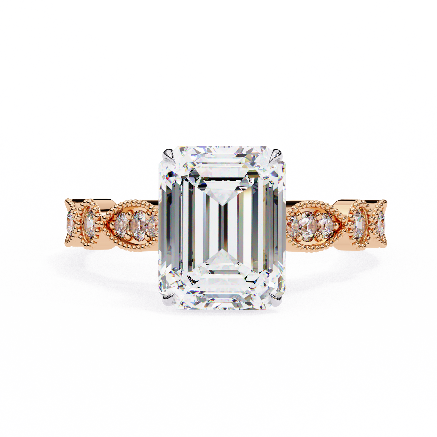 2.56 Carat Emerald Cut Lab Grown Diamond Ring – Elegant Engagement Ring with Milgrain Marquise and Round Shaped Band- Lustraa’s Milgrain Ring