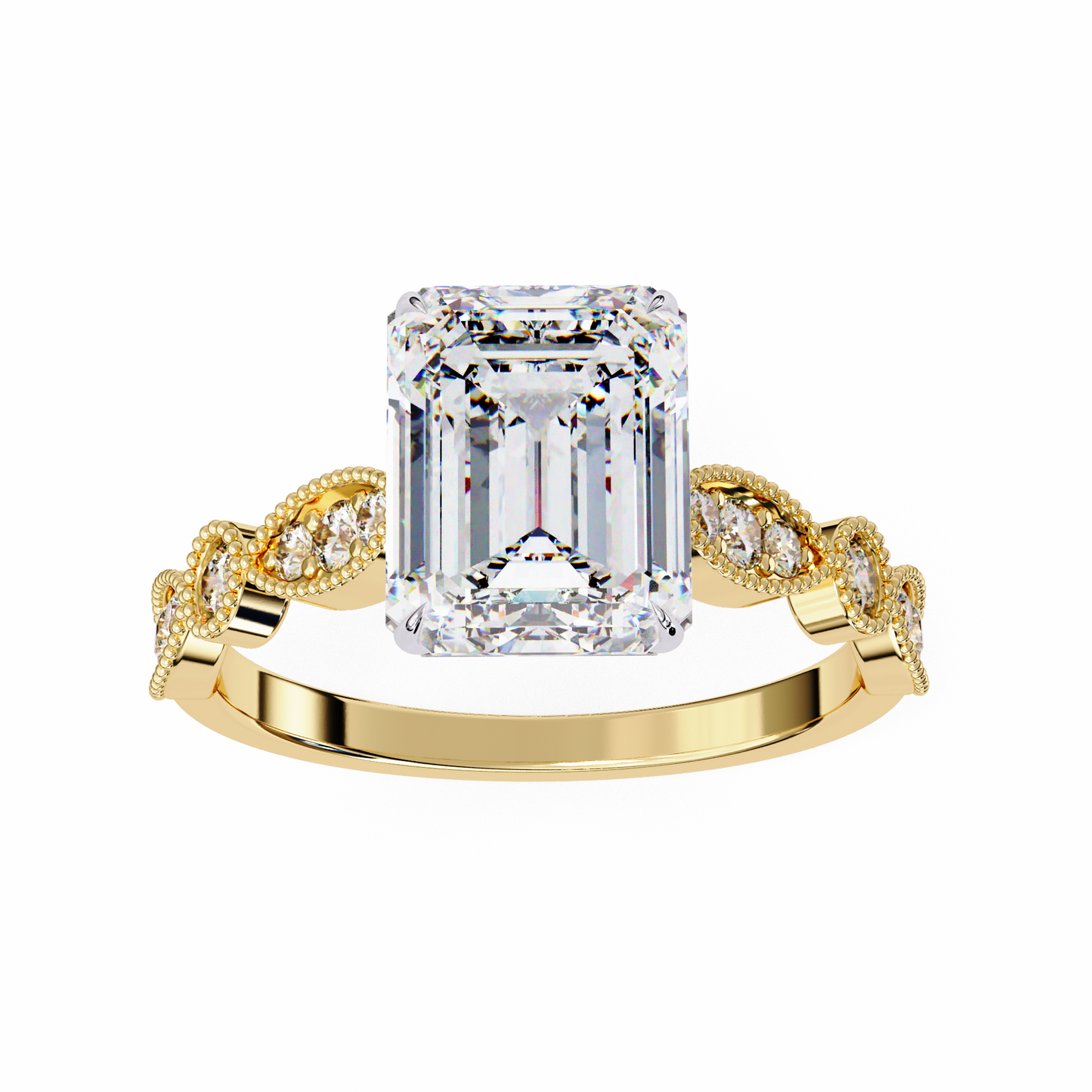 2.56 Carat Emerald Cut Lab Grown Diamond Ring – Elegant Engagement Ring with Milgrain Marquise and Round Shaped Band- Lustraa’s Milgrain Ring