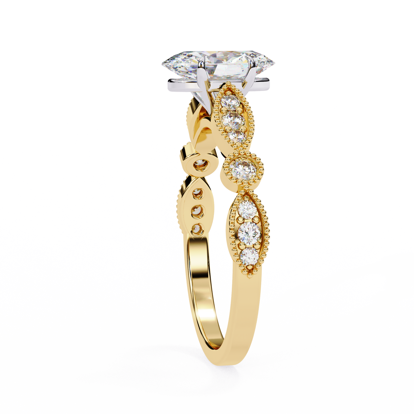 1.20 Carat Oval Cut Lab Grown Diamond Ring – Elegant Engagement Ring with Milgrain Marquise and Round Shaped Band- Lustraa’s Milgrain Ring
