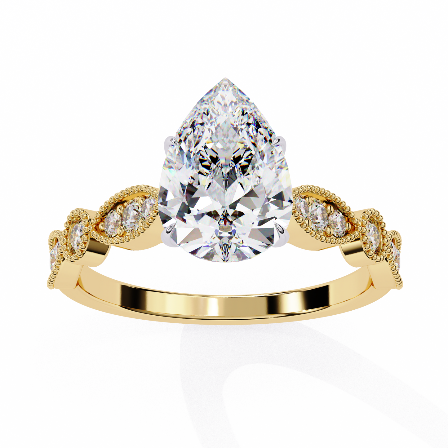 0.89 Carat Pear Cut Lab Grown Diamond Ring – Elegant Engagement Ring with Milgrain Marquise and Round Shaped Band- Lustraa’s Milgrain Ring