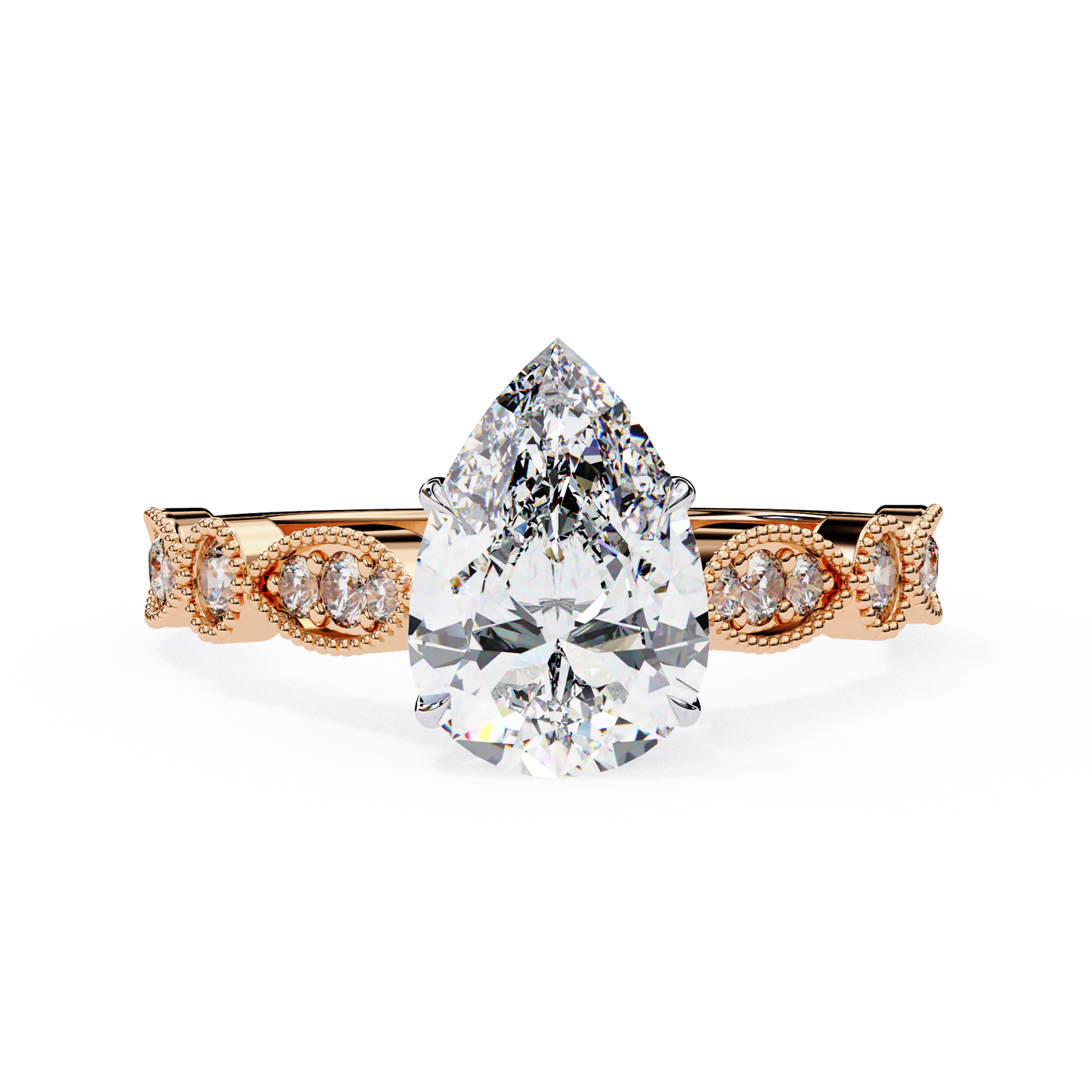 0.89 Carat Pear Cut Lab Grown Diamond Ring – Elegant Engagement Ring with Milgrain Marquise and Round Shaped Band- Lustraa’s Milgrain Ring