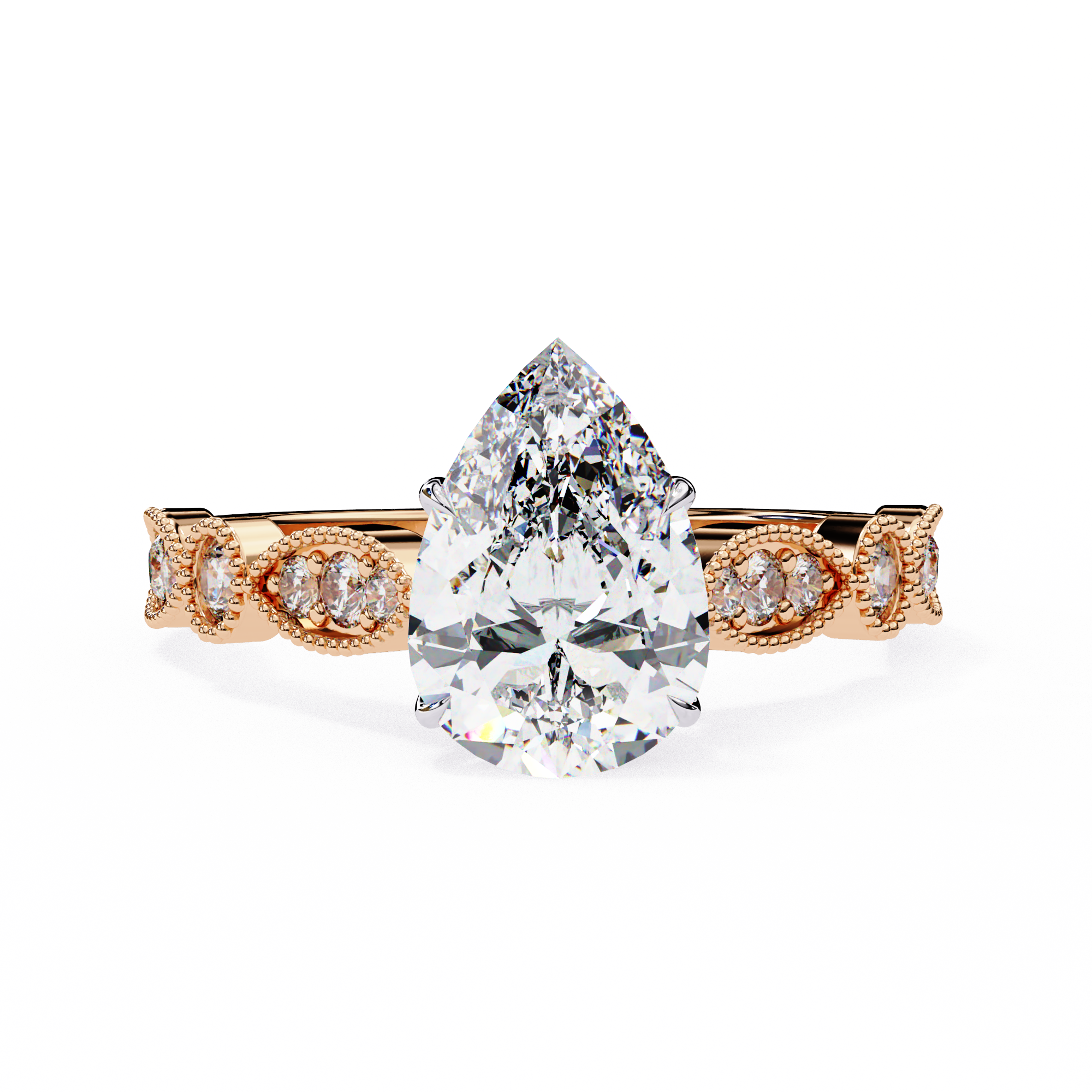 Pear Cut Lab Grown Diamond Engagement Ring – 0.89 CT Bridal Ring with Milgrain Marquise and Round Band- Lustraa’s Milgrain Ring