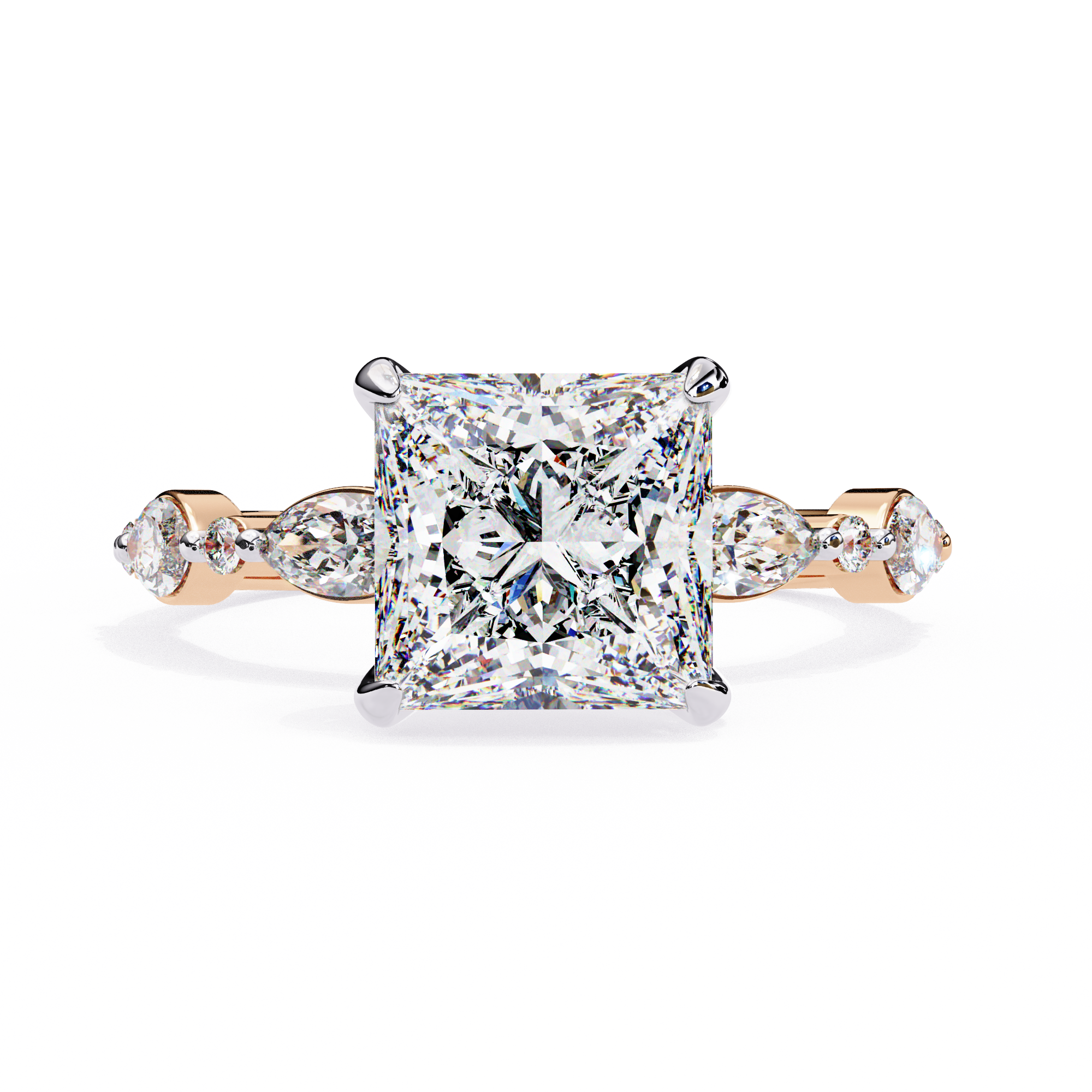 Princess Cut Diamond Engagement Ring – 2.28 CT Solitaire Ring with Hidden Halo & Marquise Round Side Stones– Lustraa’s Fancy Solitaire Ring