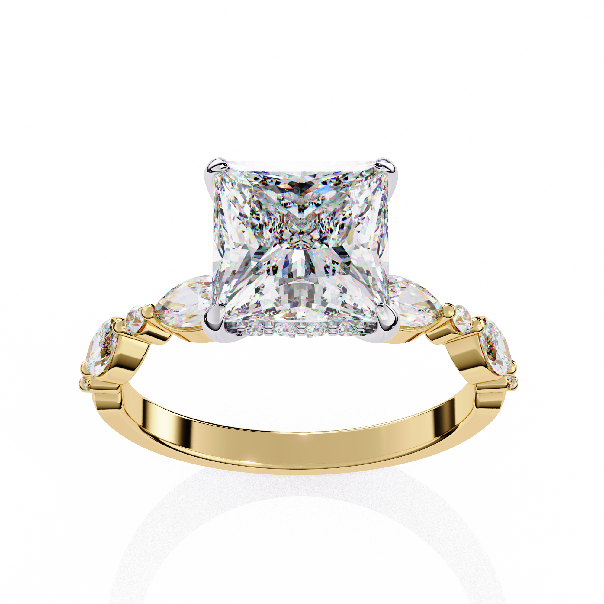 Princess Cut Diamond Engagement Ring – 2.28 CT Solitaire Ring with Hidden Halo & Marquise Round Side Stones– Lustraa’s Fancy Solitaire Ring