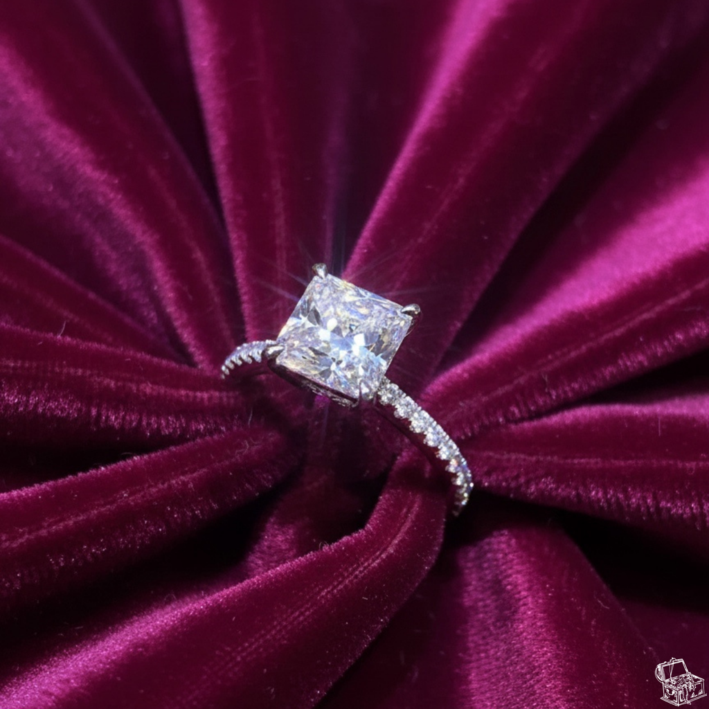 Princess Cut Diamond Engagement Ring with Hidden Halo & Round Side Accents – Elegant Solitaire Bridal Ring – Lustraa’s Solitaire Ring