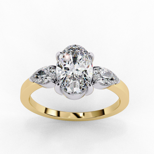 1.20 Carat Oval Cut Lab Grown Diamond Engagement Ring – Three Stone Diamond Ring with Pear Side Stones – Lustraa’s Three Stone Ring