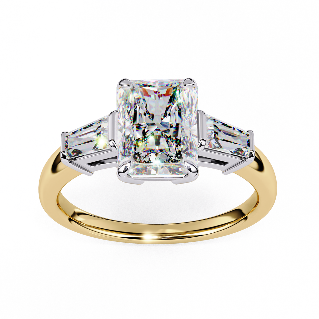Radiant Cut Lab Grown Diamond Engagement Ring – 2.47 CT Three Stone Bridal Ring with Baguette Side Diamonds -Lustraa’s Three Stone Ring