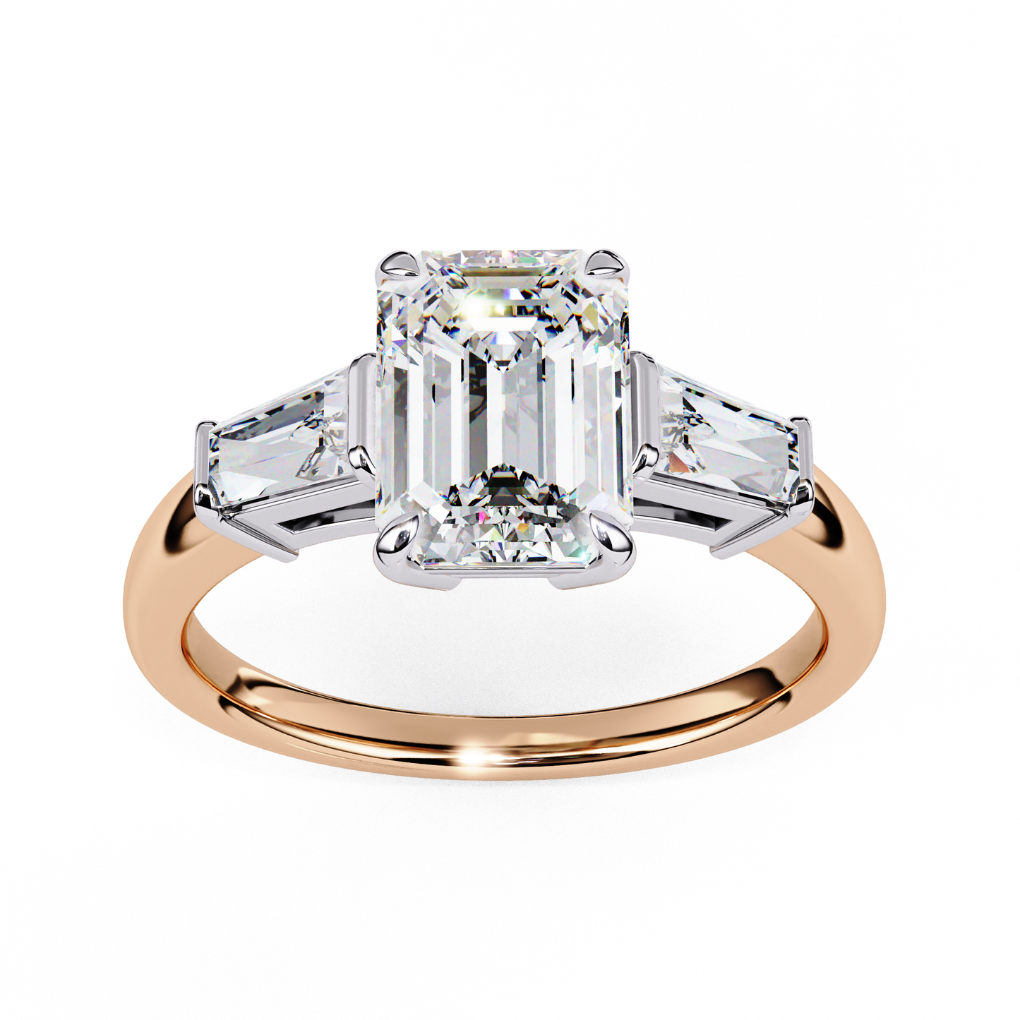 2.27 Carat Emerald Cut Lab Grown Diamond Ring – Elegant Three Stone Engagement Ring with Baguette Side Diamonds- Lustraa’s Three Stone Ring