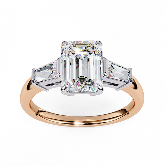 2.27 Carat Emerald Cut Lab Grown Diamond Ring – Elegant Three Stone Engagement Ring with Baguette Side Diamonds- Lustraa’s Three Stone Ring