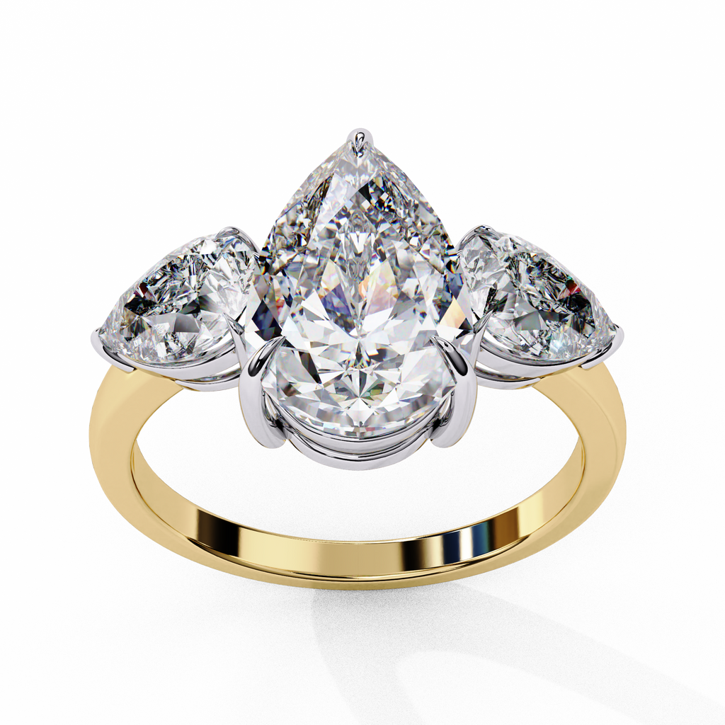 Pear Shaped Lab Grown Diamond Engagement Ring – 2.07 CT Three Stone Bridal Ring with Pear Side Diamonds - Lustraa’s Three Stone Ring