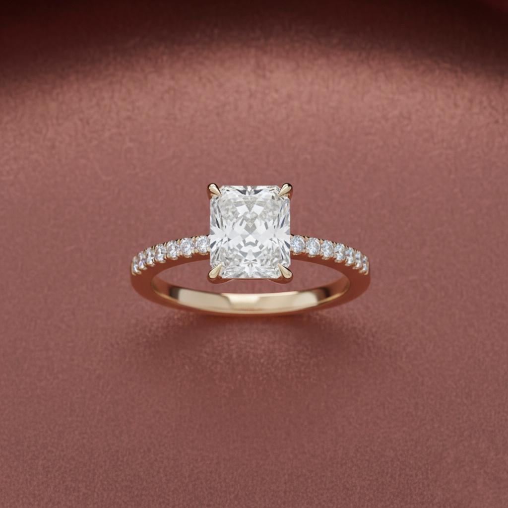 Radiant Cut Lab Grown Diamond Solitaire Engagement Ring with Round Side Diamonds – Elegant Bridal Ring – Lustraa’s Solitaire Ring