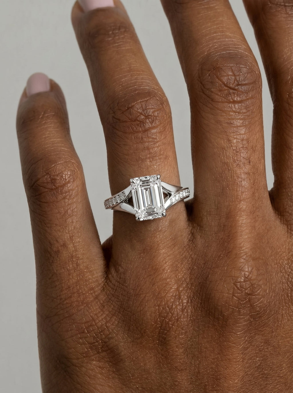 2 Carat Lab Grown Emerald Cut Sculpted Channel Set Sidestone Engagement Ring