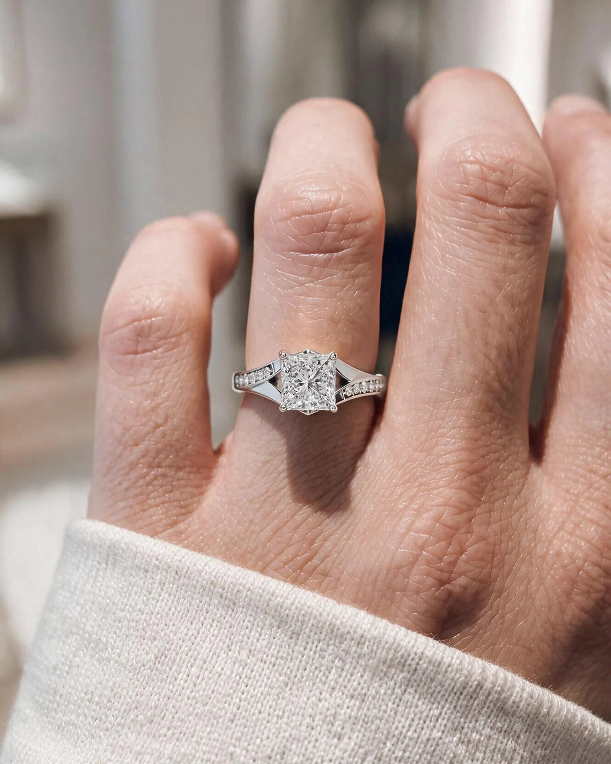 2 Carat Lab Grown Cushion Cut Pavé Split Shank Engagement Ring