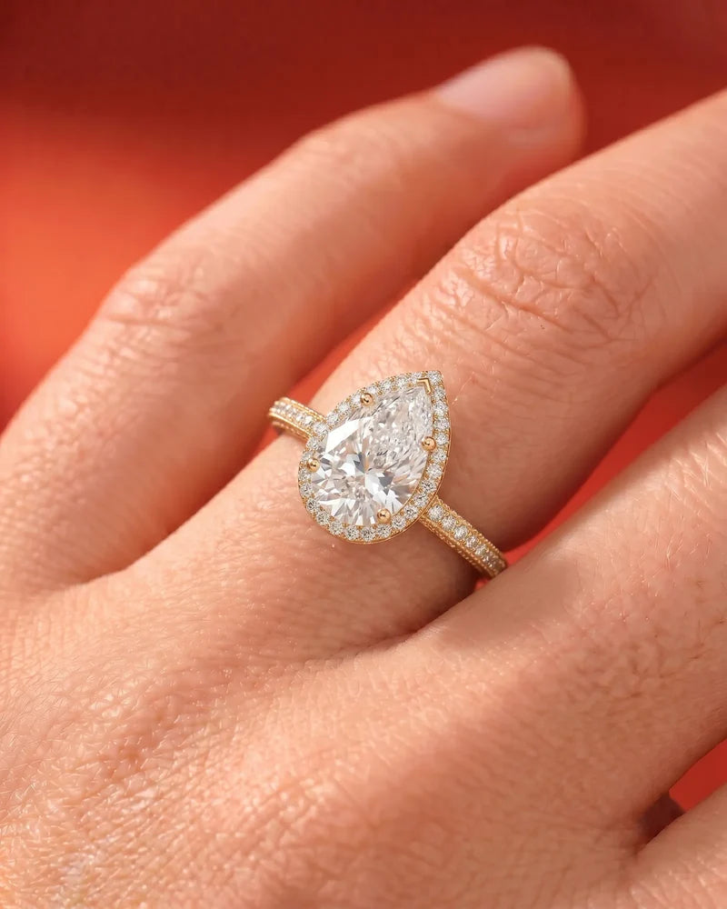 2 Carat Lab Grown Diamond Lyra Pear Cut Pavé Halo Engagement Ring