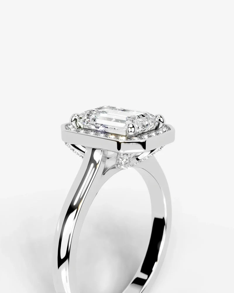 2 Carat Lab Grown Diamond Seraphina Emerald Cut Bezel Halo Engagement Ring