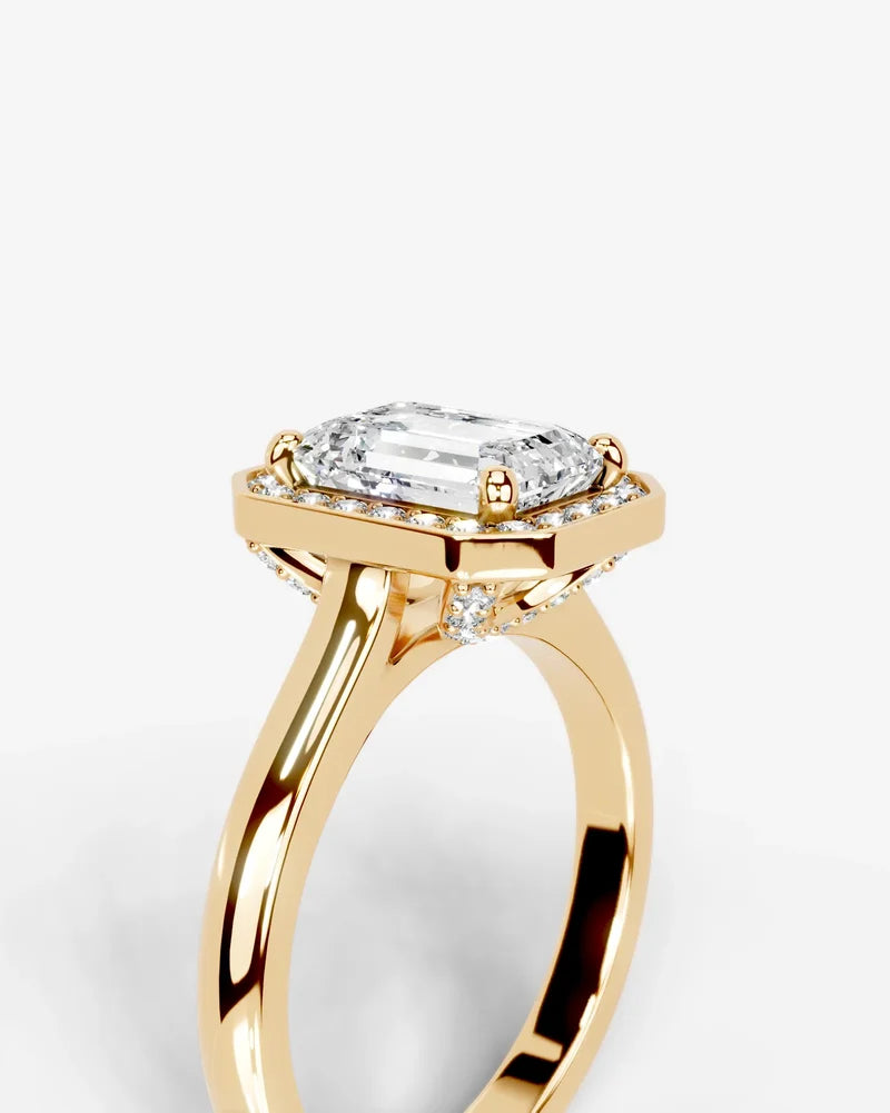 2 Carat Lab Grown Diamond Seraphina Emerald Cut Bezel Halo Engagement Ring