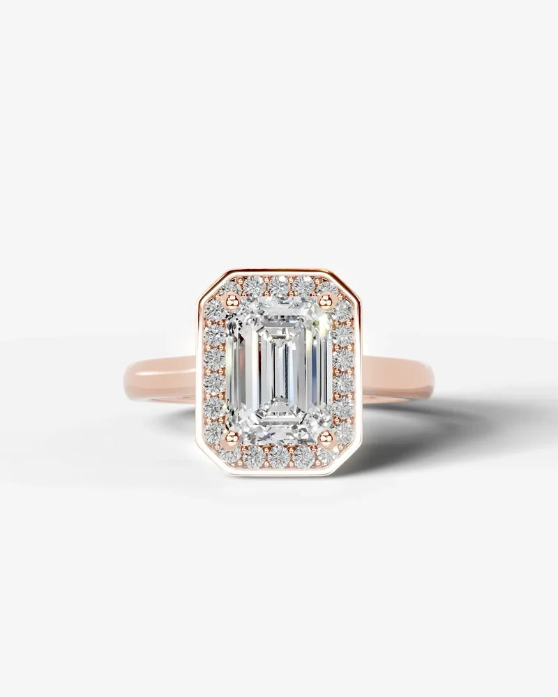 2 Carat Lab Grown Diamond Seraphina Emerald Cut Bezel Halo Engagement Ring
