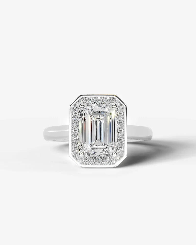 2 Carat Lab Grown Diamond Seraphina Emerald Cut Bezel Halo Engagement Ring