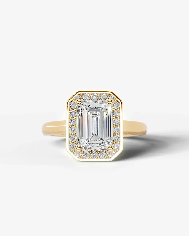 2 Carat Lab Grown Diamond Seraphina Emerald Cut Bezel Halo Engagement Ring