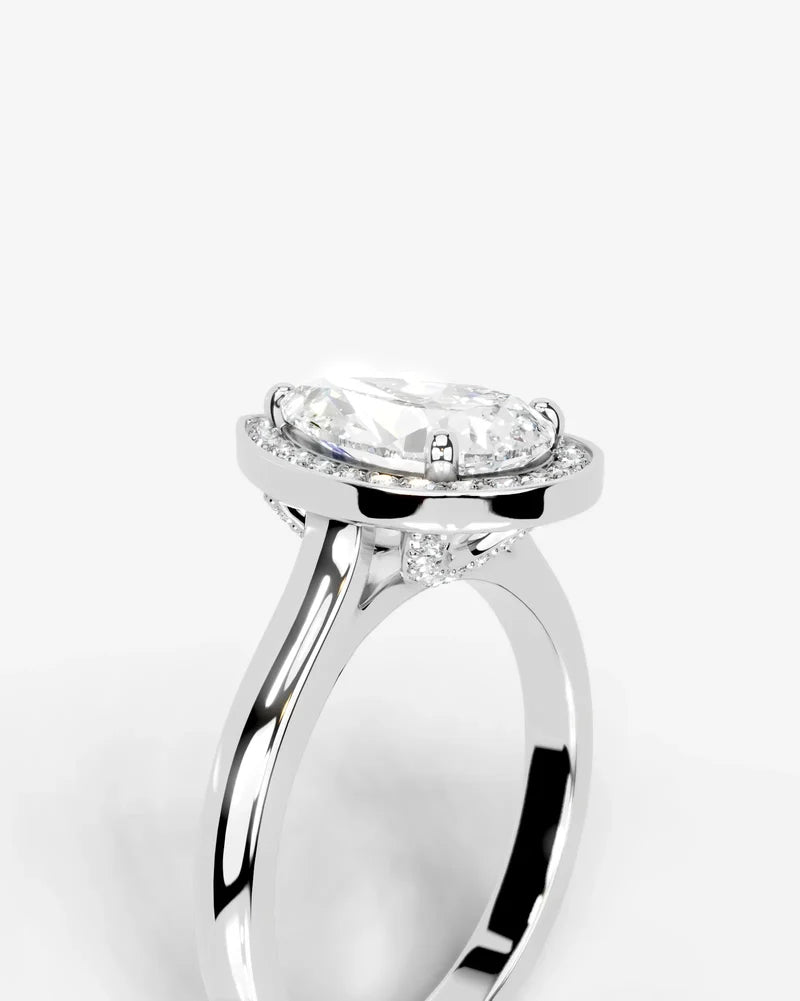 2 Carat Lab Grown Diamond Celestia Pear Cut Bezel Halo Engagement Ring