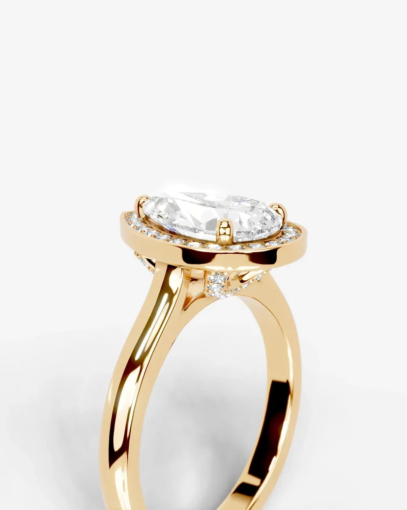 2 Carat Lab Grown Diamond Celestia Pear Cut Bezel Halo Engagement Ring
