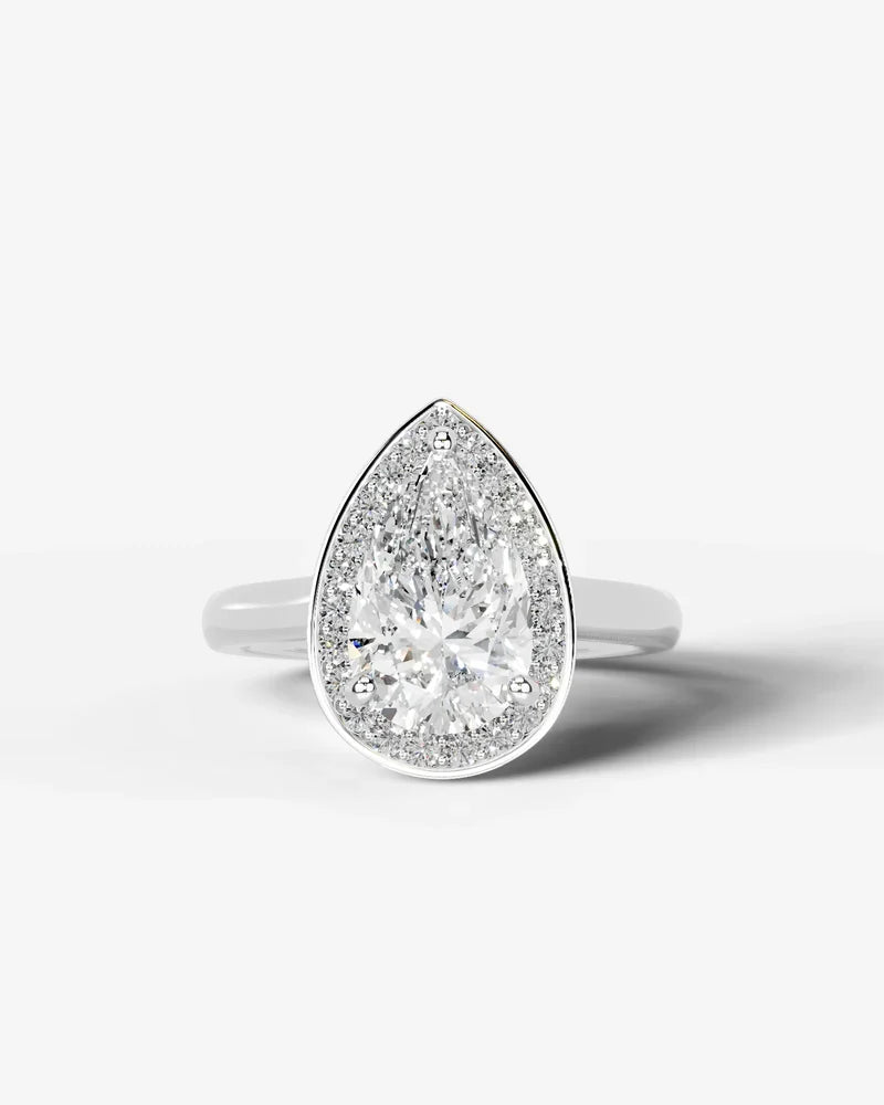 2 Carat Lab Grown Diamond Celestia Pear Cut Bezel Halo Engagement Ring