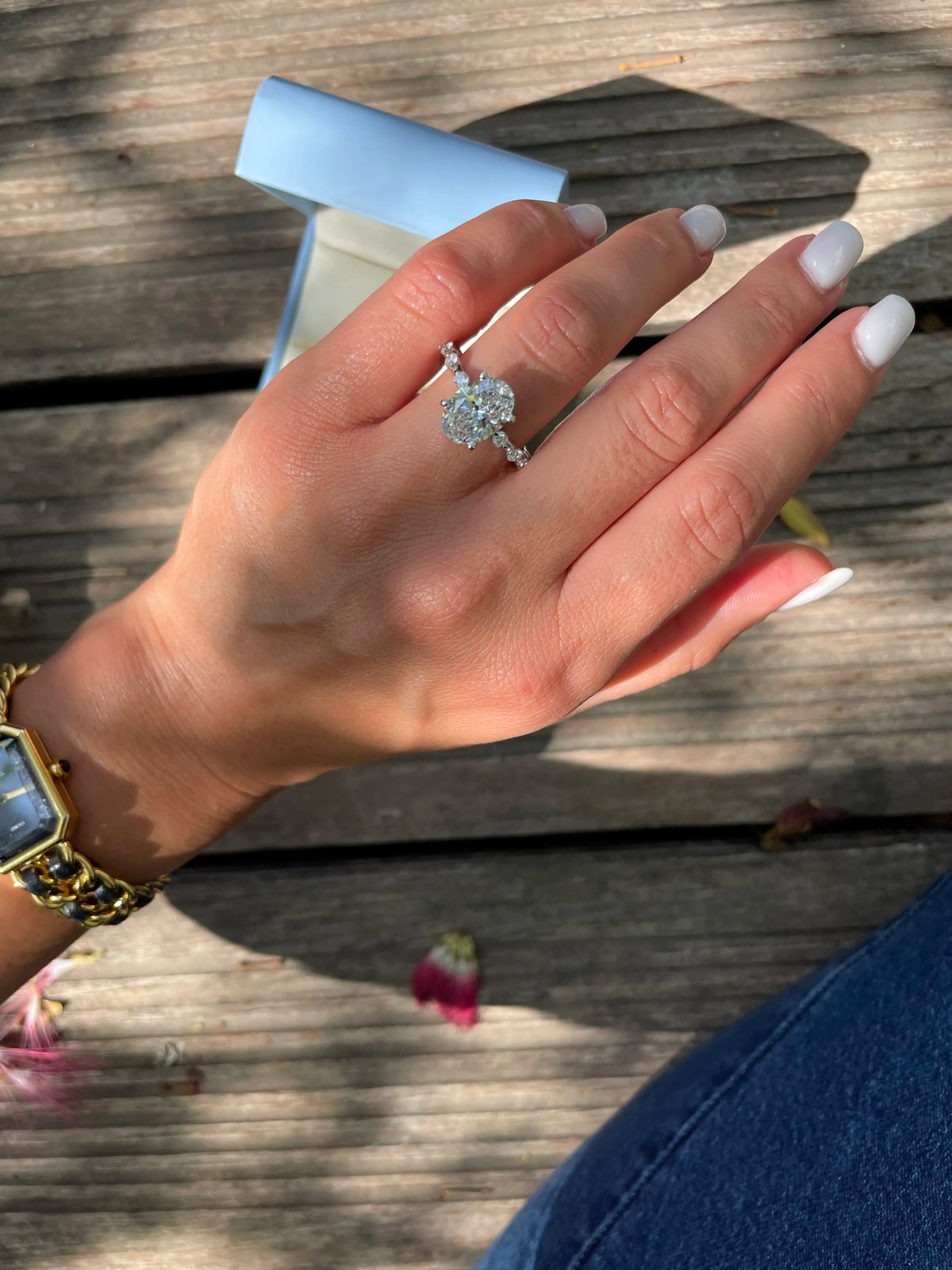 2 Carat Lab Grown Oval Cut Diamond Side Stone Ring with Accent Diamonds