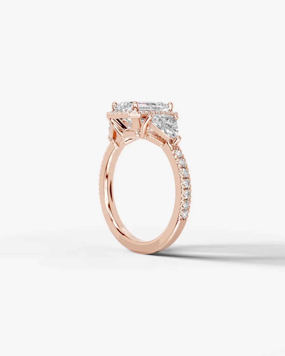 2 Carat Lab Grown Emerald Cut Diamond Halo Three-Stone Ring