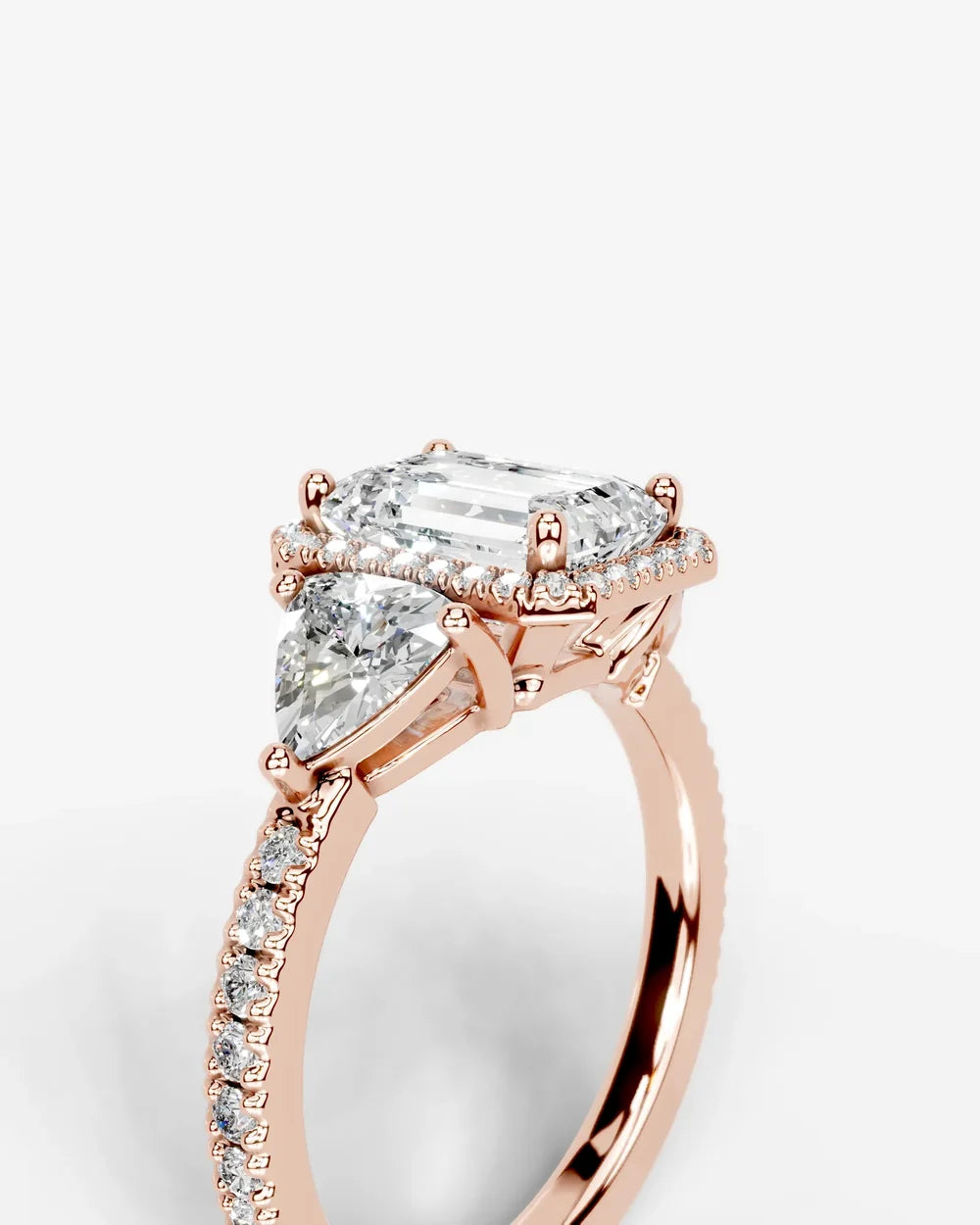 2 Carat Lab Grown Emerald Cut Diamond Halo Three-Stone Ring