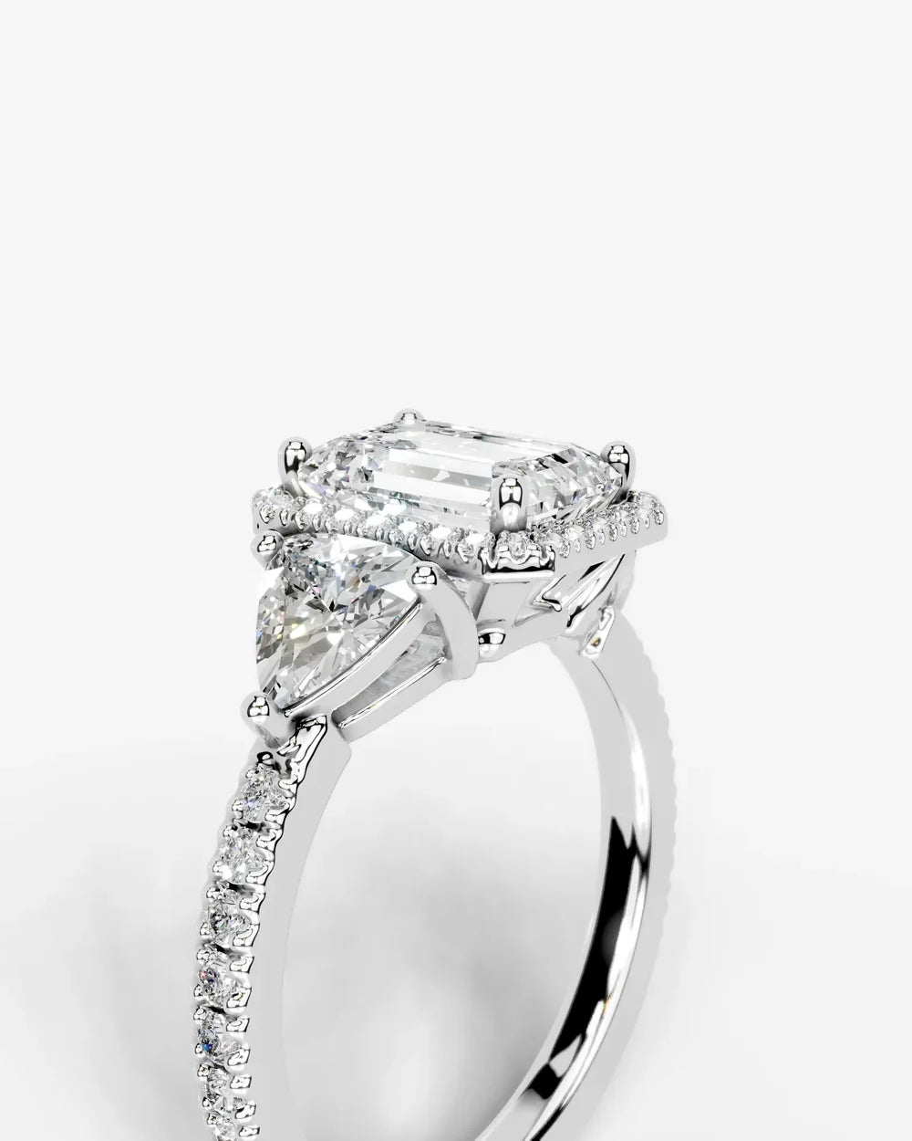 2 Carat Lab Grown Emerald Cut Diamond Halo Three-Stone Ring