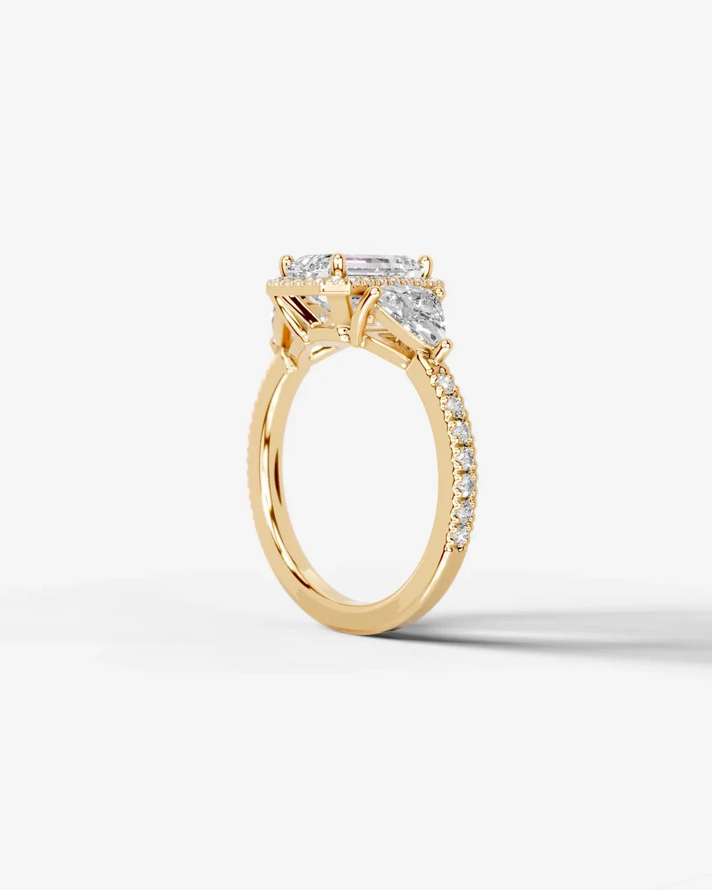 2 Carat Lab Grown Emerald Cut Diamond Halo Three-Stone Ring