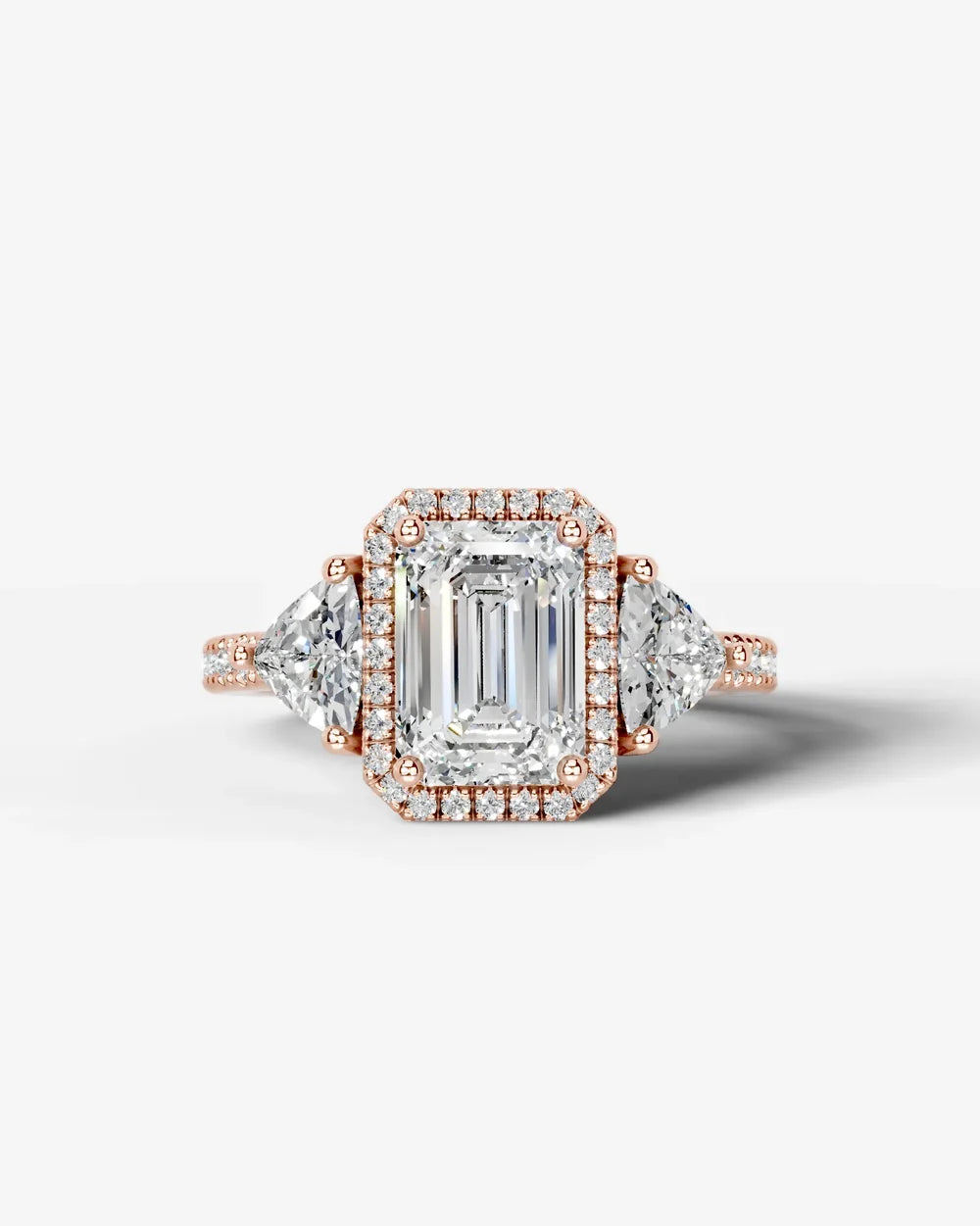 2 Carat Lab Grown Emerald Cut Diamond Halo Three-Stone Ring
