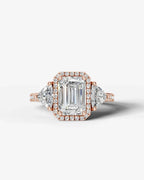2 Carat Lab Grown Emerald Cut Diamond Halo Three-Stone Ring