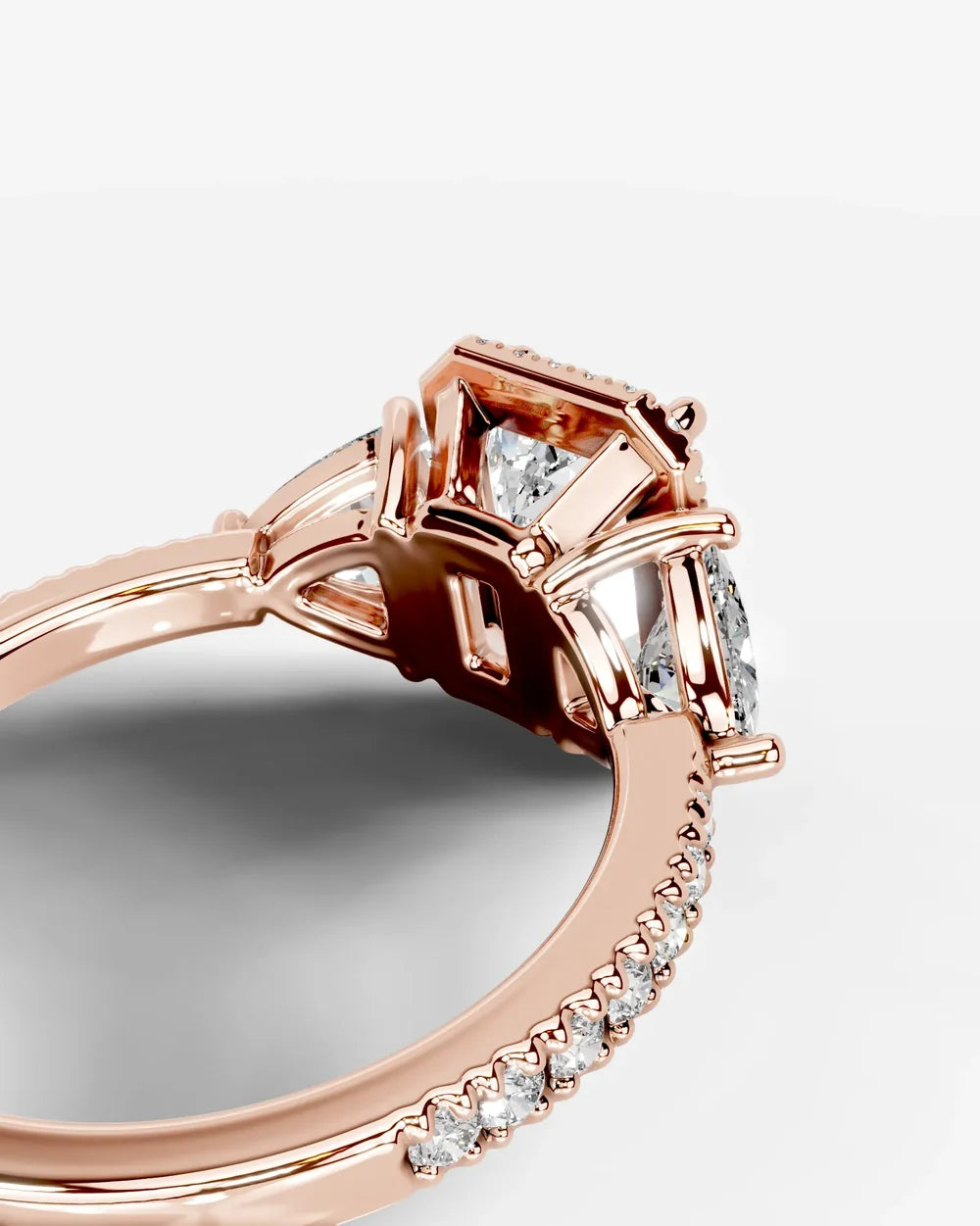 2 Carat Lab Grown Emerald Cut Diamond Halo Three-Stone Ring