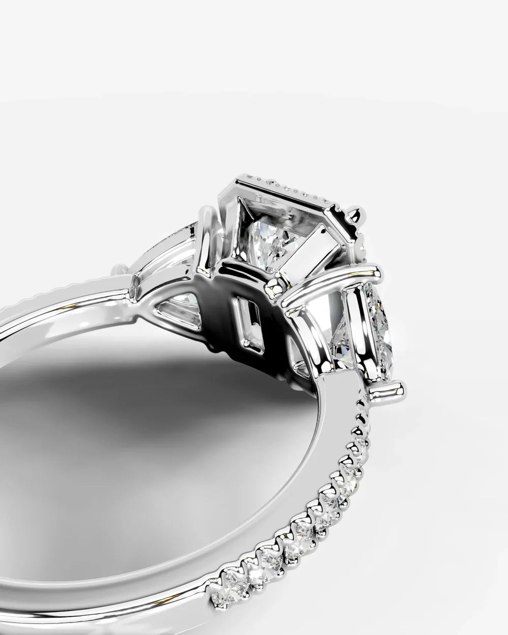 2 Carat Lab Grown Emerald Cut Diamond Halo Three-Stone Ring