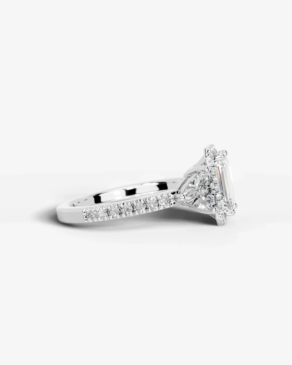 2 Carat Lab Grown Emerald Cut Diamond Halo Three-Stone Ring