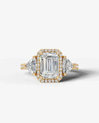 2 Carat Lab Grown Emerald Cut Diamond Halo Three-Stone Ring