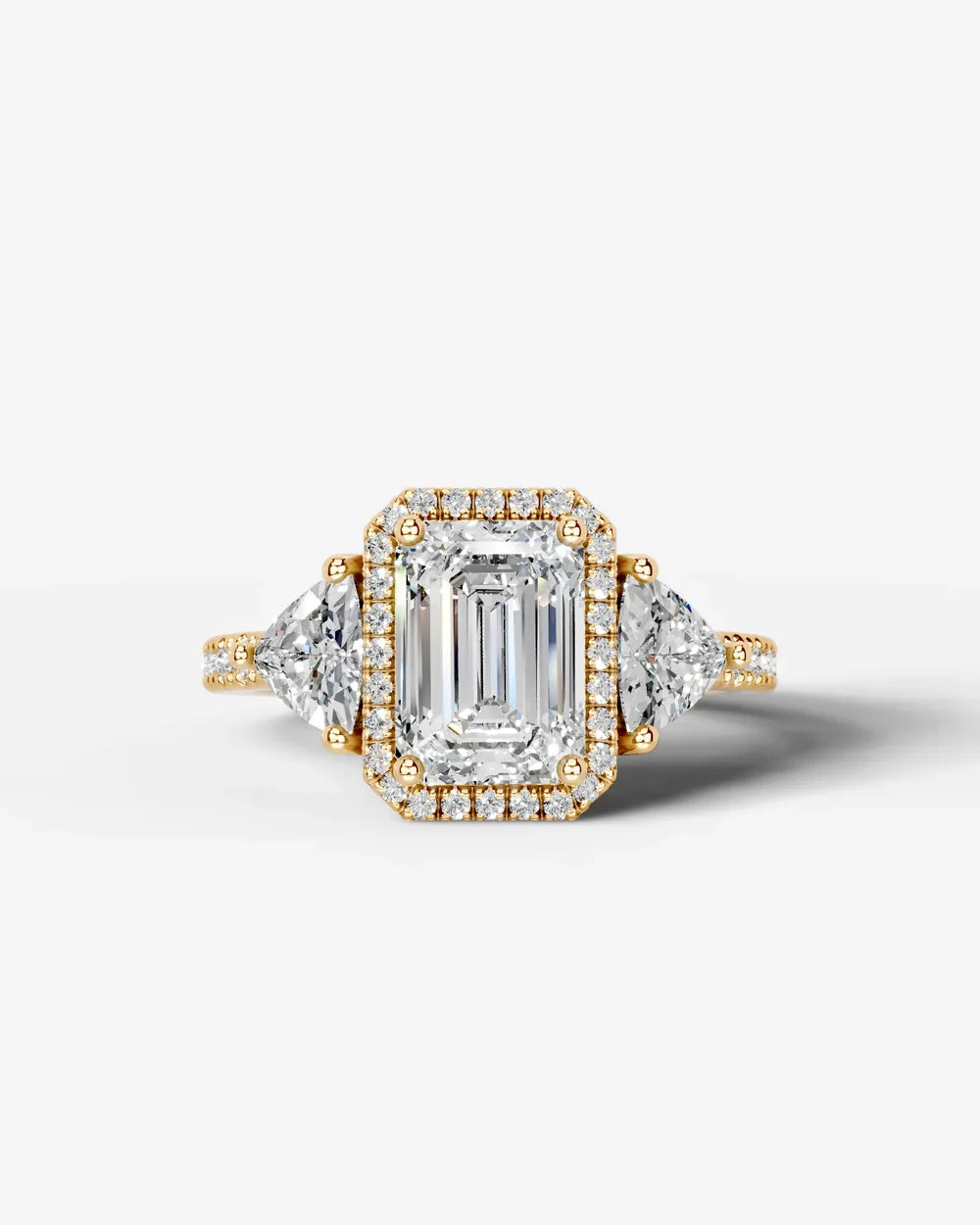 2 Carat Lab Grown Emerald Cut Diamond Halo Three-Stone Ring
