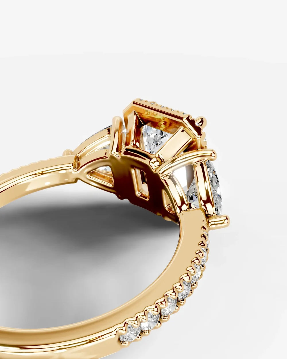 2 Carat Lab Grown Emerald Cut Diamond Halo Three-Stone Ring