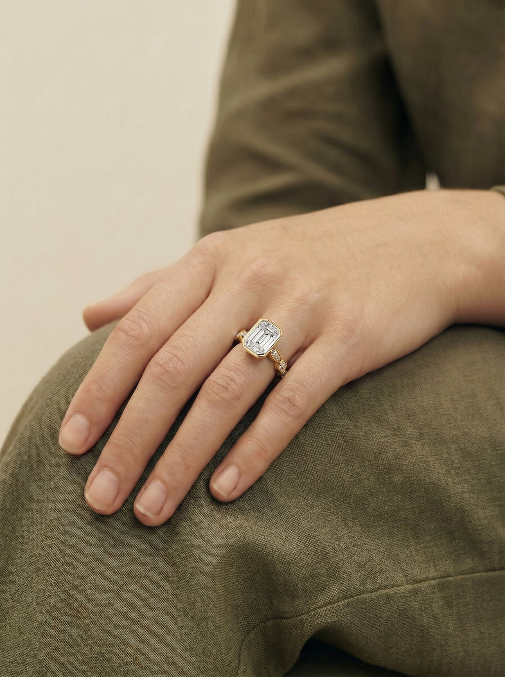2 Carat Lab Grown Emerald Cut Bezel Set Diamond Ring