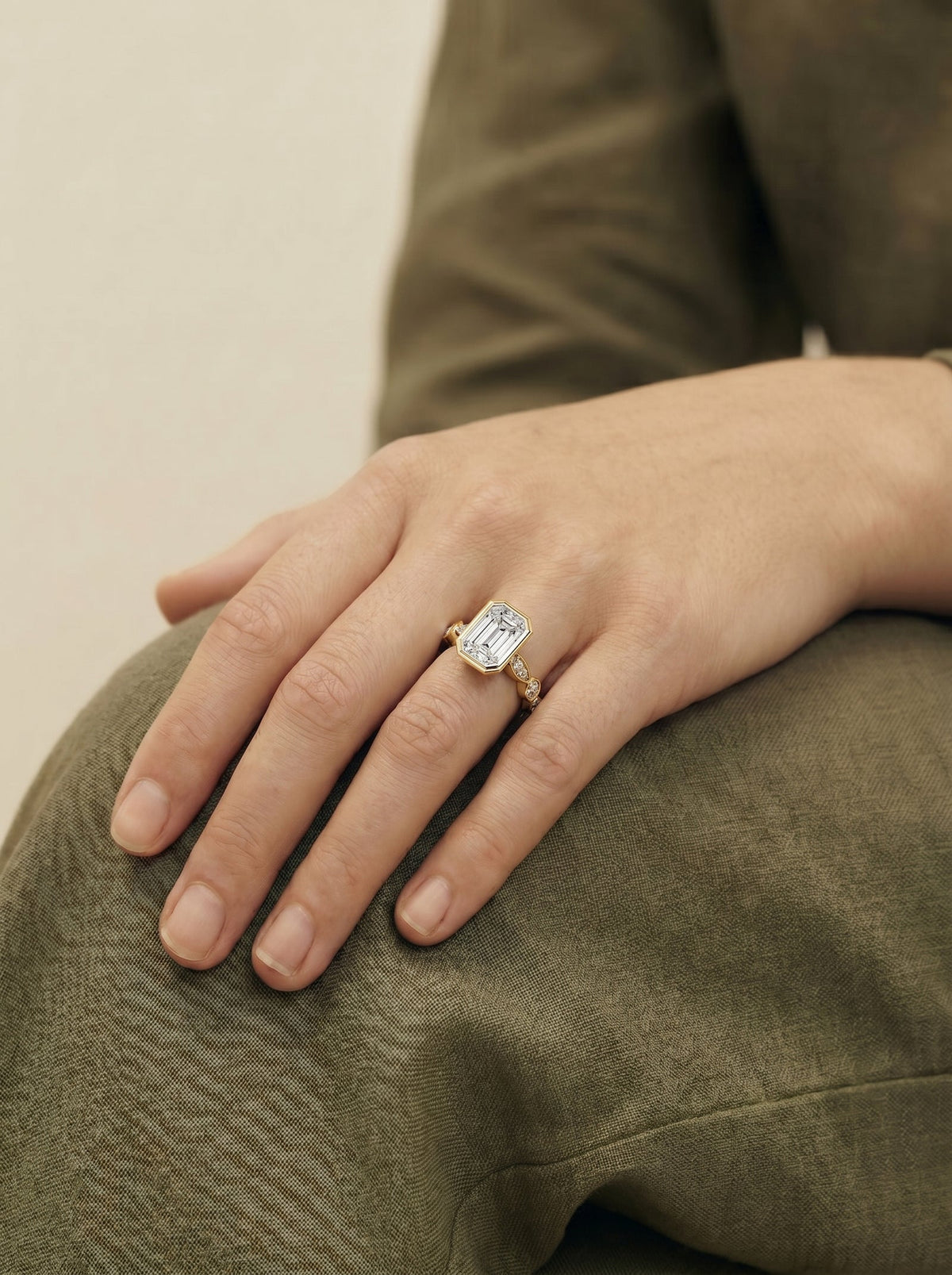 2 Carat Lab Grown Emerald Cut Bezel Set Diamond Ring