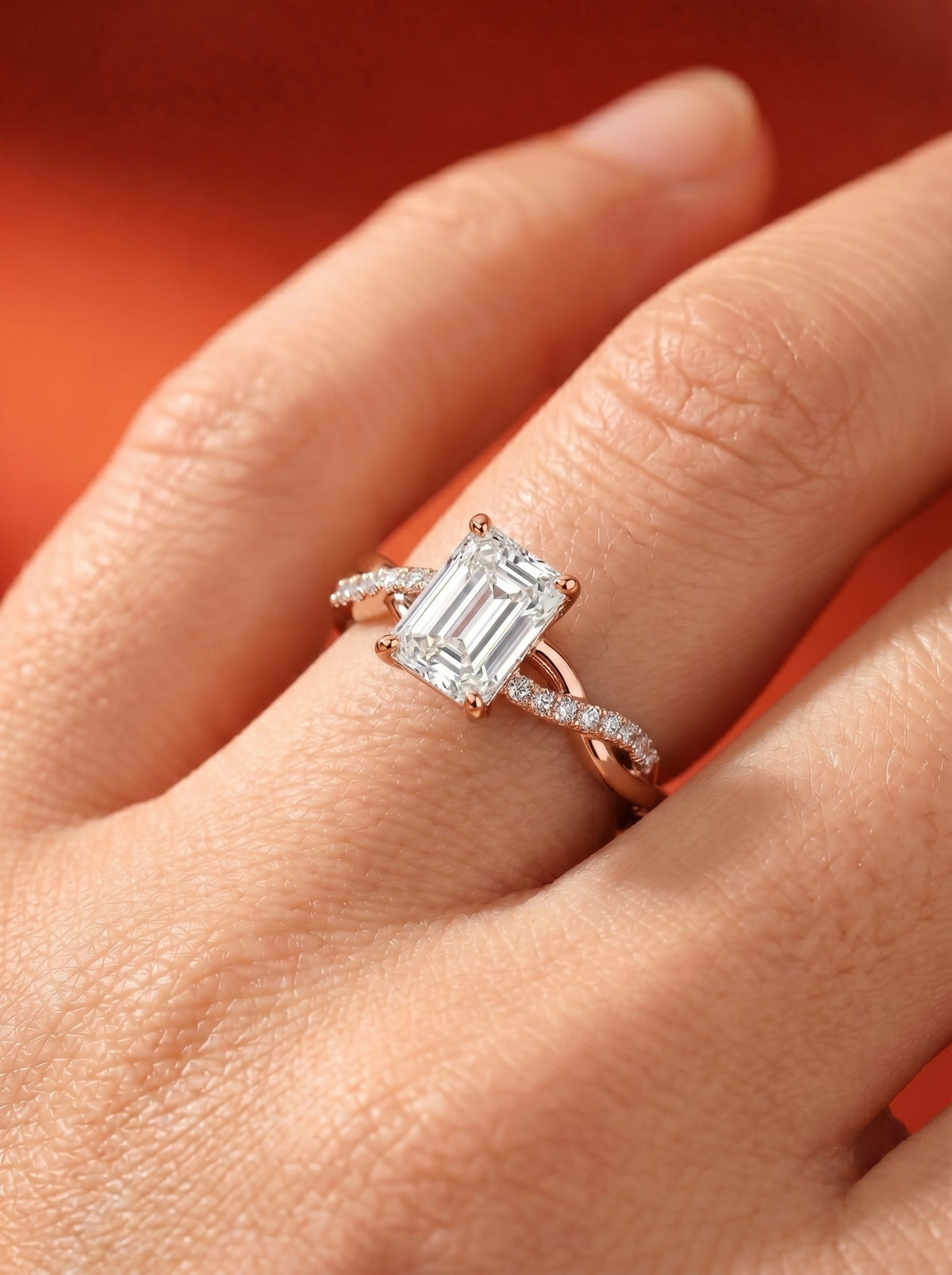 2 Carat Lab Grown Emerald Cut Diamond Twist Engagement Ring
