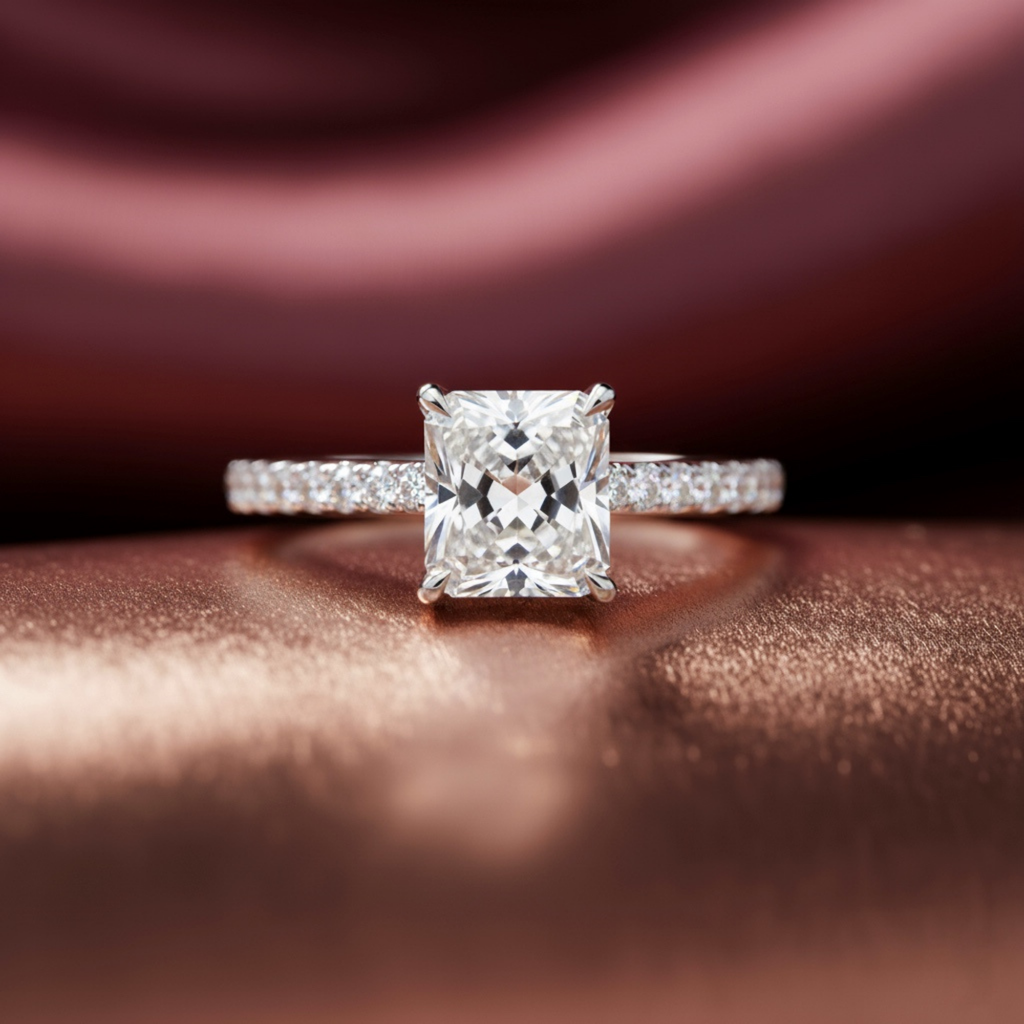 Radiant Cut Lab Grown Diamond Solitaire Engagement Ring with Round Side Diamonds – Elegant Bridal Ring – Lustraa’s Solitaire Ring
