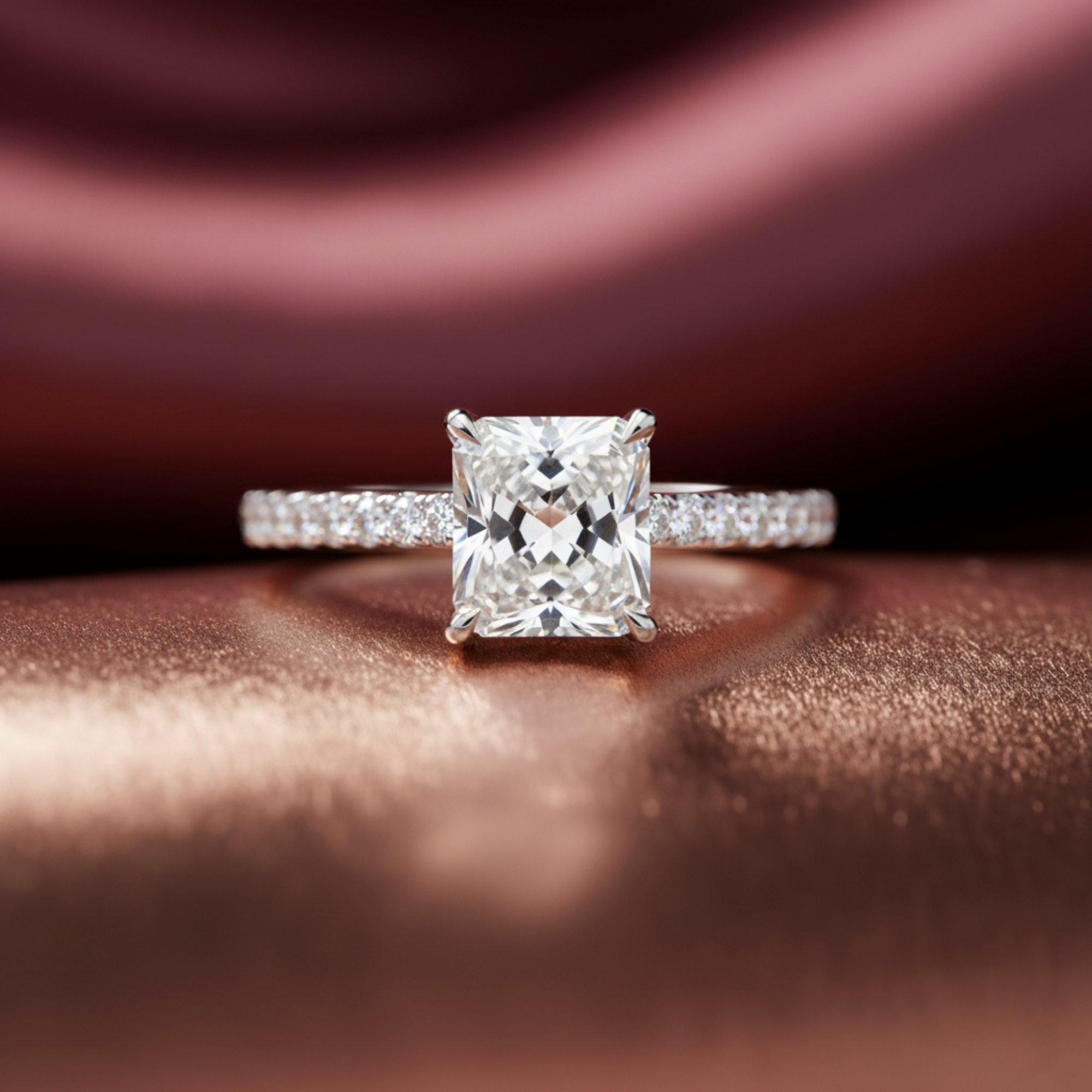 Radiant Cut Lab Grown Diamond Solitaire Engagement Ring with Round Side Diamonds – Elegant Bridal Ring – Lustraa’s Solitaire Ring