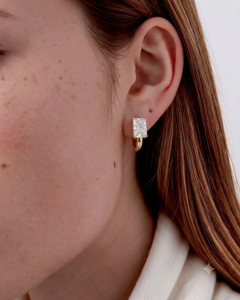 Lab Grown Diamond Elongated Radiant Solitaire Huggie Hoop Earrings