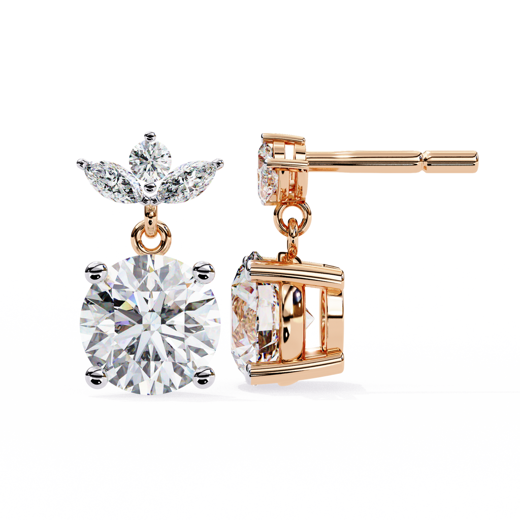 Diamond Drop Earrings – Lab Grown Round & Marquise Cut Floral Design, 1.84 Carat Floral Studs – Lustraa’s Floral Earrings