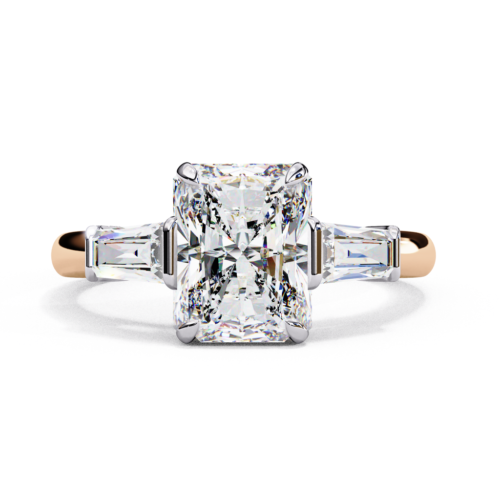 Radiant Cut Lab Grown Diamond Engagement Ring – 2.47 CT Three Stone Bridal Ring with Baguette Side Diamonds -Lustraa’s Three Stone Ring