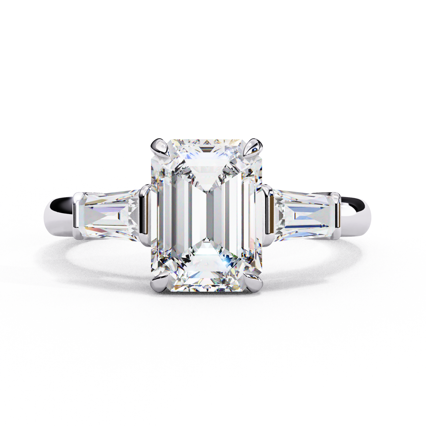 2.27 Carat Emerald Cut Lab Grown Diamond Ring – Elegant Three Stone Engagement Ring with Baguette Side Diamonds- Lustraa’s Three Stone Ring