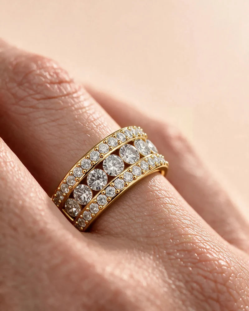 Lab Grown Diamond Round Brilliant Cut Triple Row Pavé Wedding Band Ring
